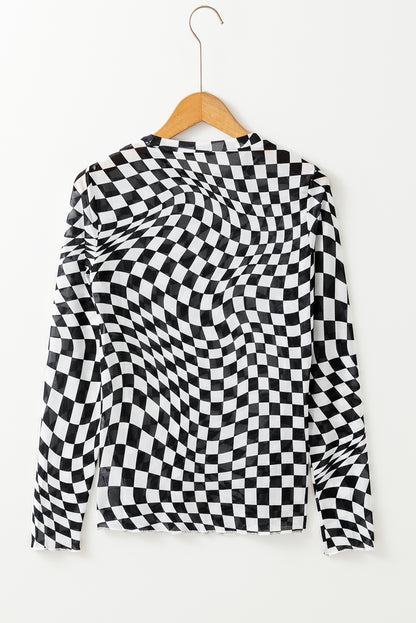 Checker Mesh Mock Neck Long Sleeve Top