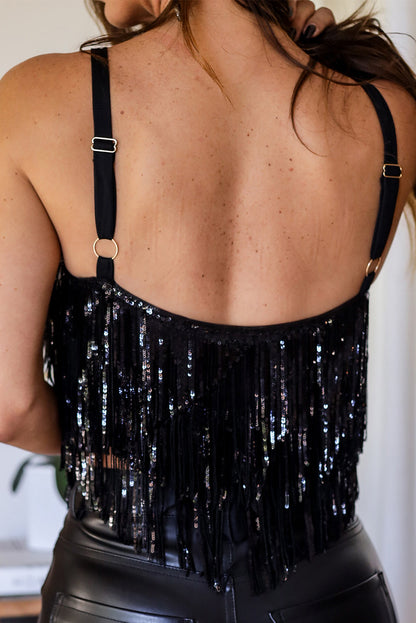 Sequin Tasseled Crop Tank Top