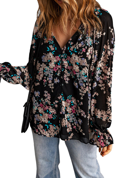 Floral Flounced Long Sleeve Blouse