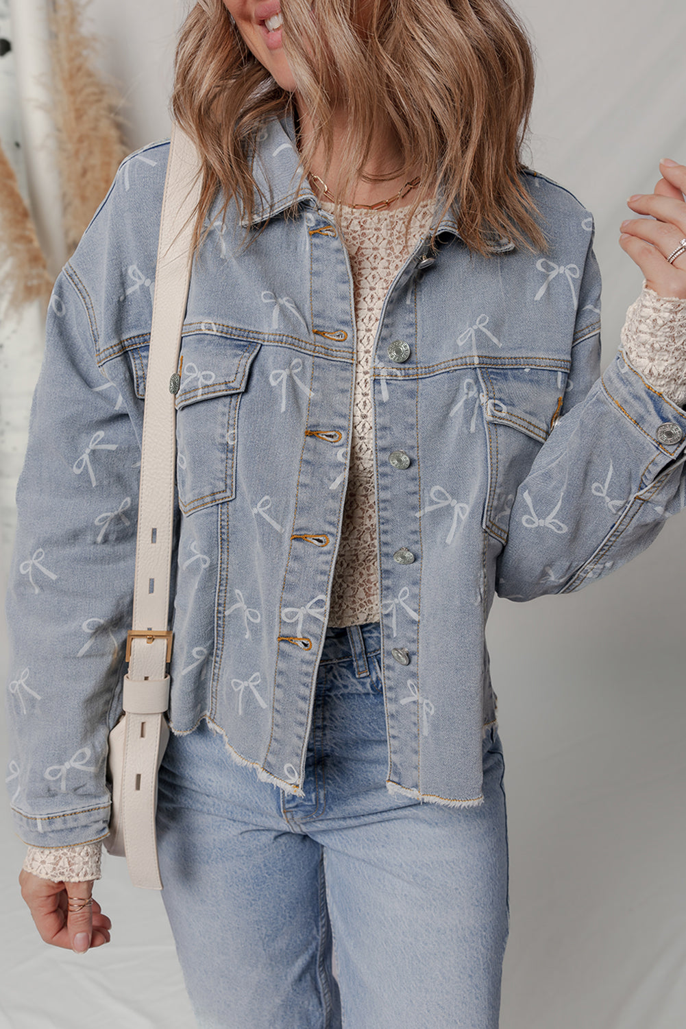 Denim Bow Light Wash Raw Hem Jacket