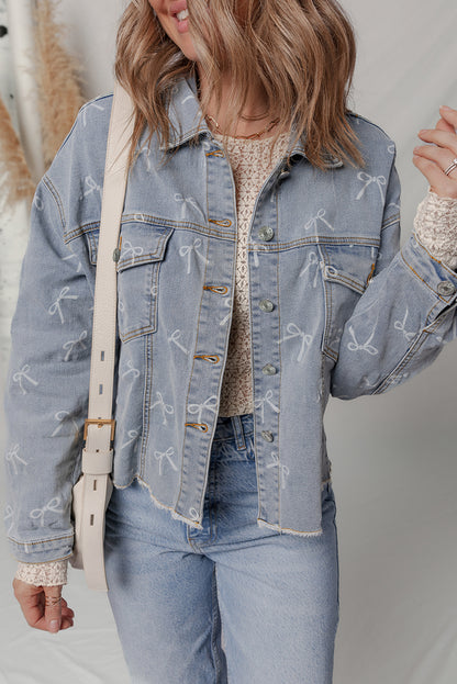 Denim Bow Light Wash Raw Hem Jacket