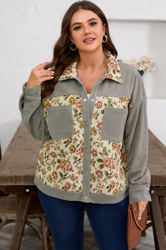 Plus Size Floral Patchwork Corduroy Pocketed Jacket