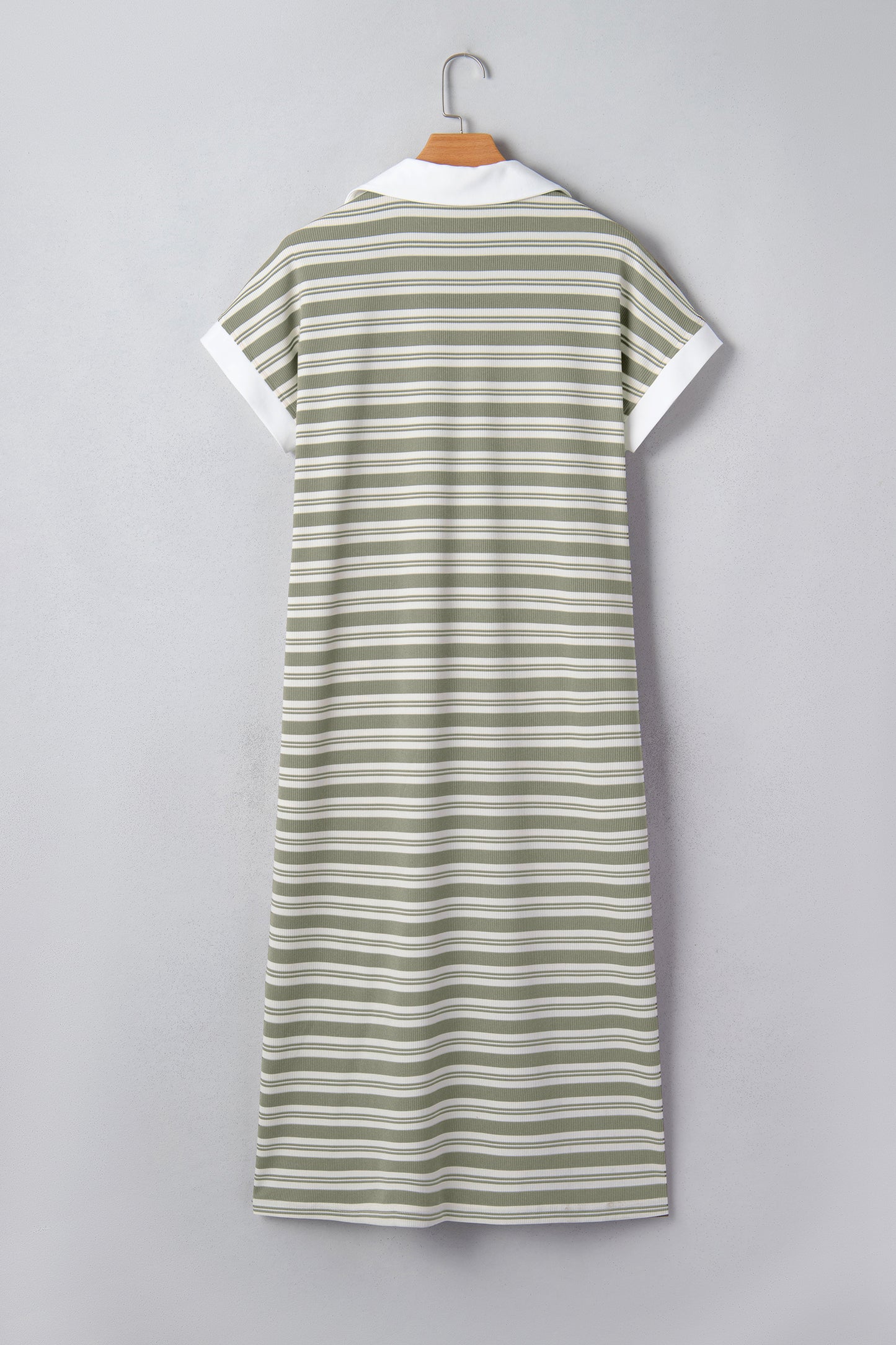 Stripe Collared V-Neck Short Sleeve Midi Dress