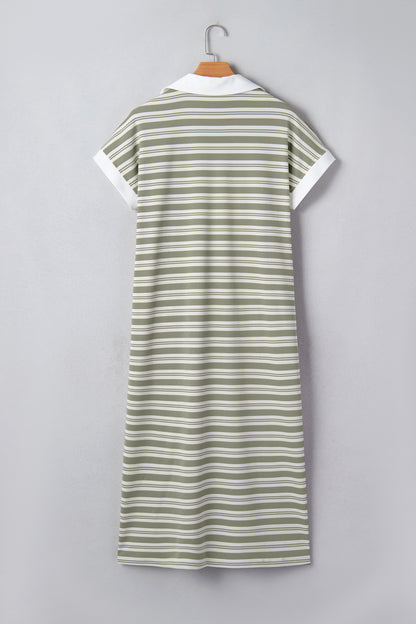 Stripe Collared V-Neck Short Sleeve Midi Dress