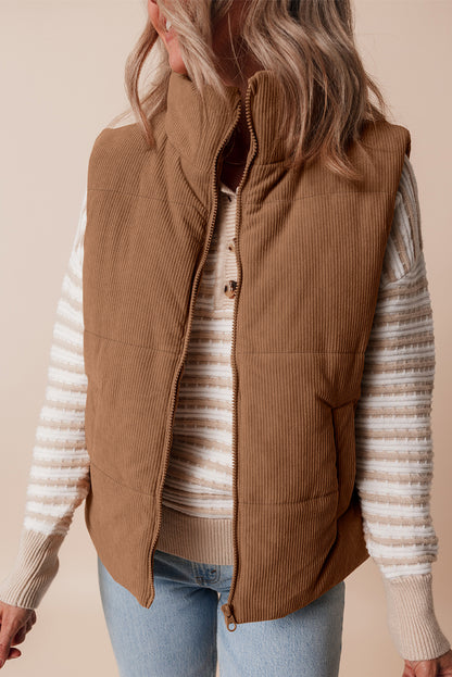 Corduroy Zip-Up Pocketed Puffer Vest