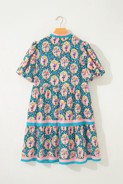 Floral Leopard Contrast Stripe Puff Sleeve Dress