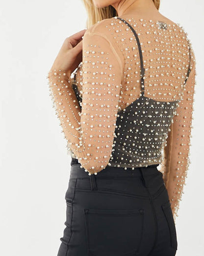 Pearl and Rhinestone Sheer Mesh Top