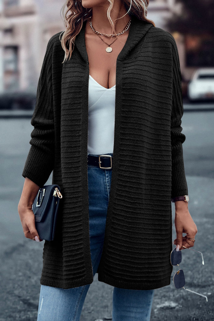 Ribbed Open Front Hooded Cardigan