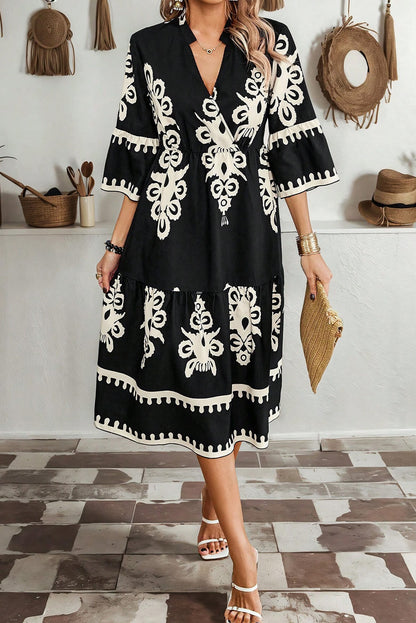 Western Geometric 3/4 Sleeve Midi Dress