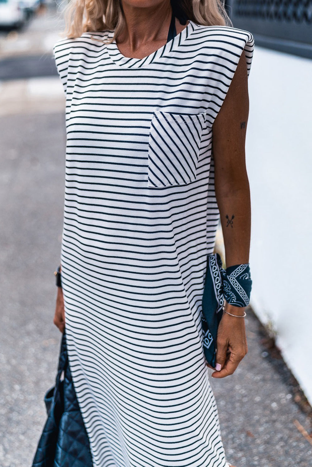 Stripe Shoulder Padded Long Dress