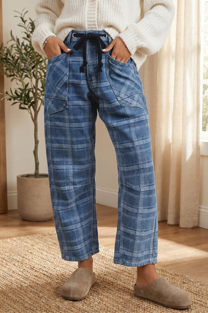 Denim Plaid Grommet Drawstring Waist Jeans