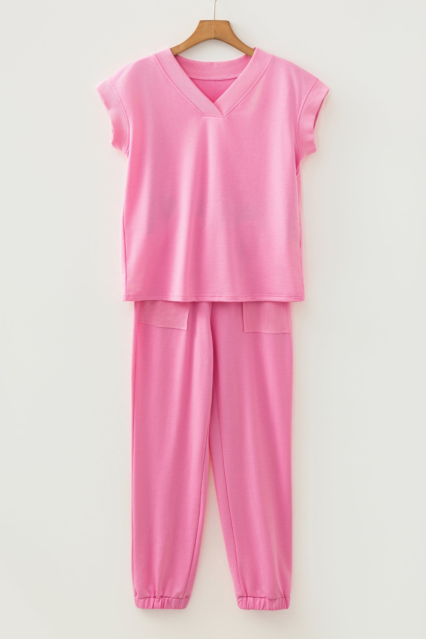 Solid V-Neck Tee and Drawstring Pants Set