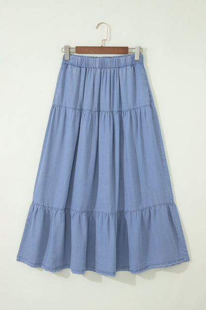 Denim Ruffle Tiered Flared Maxi Skirt