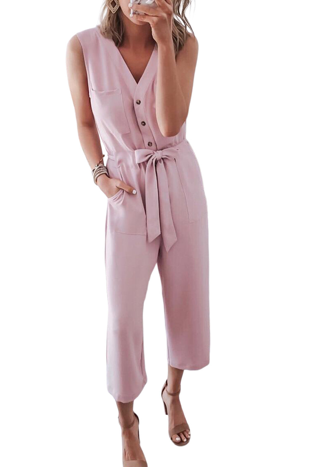 Button-Up Sleeveless Belted Jumpsuit