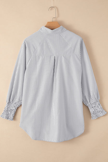 Stripe Smocked Long Sleeve Button-Up Shirt