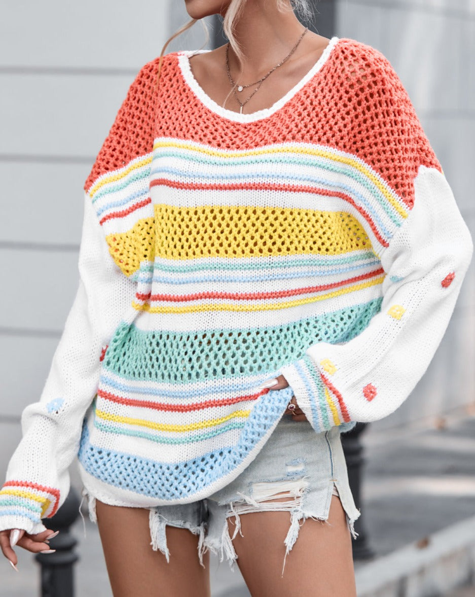 Stripe Hollowed Knit Long Sleeve Sweater