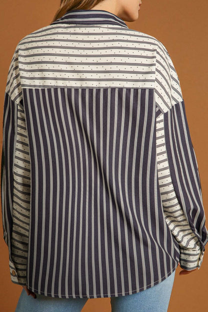 Stripe Patchwork Half Buttoned Blouse