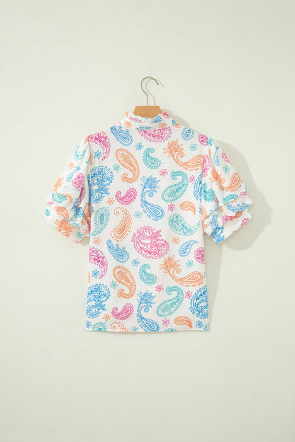 Paisley Button Keyhole Puff Sleeve Blouse