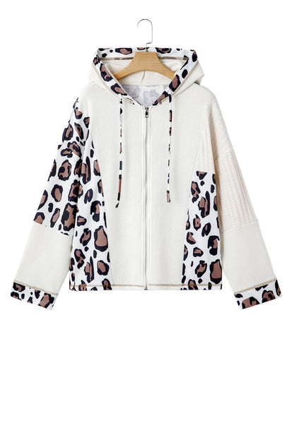 Leopard Waffle Knit Patchwork Zip Up Hoodie