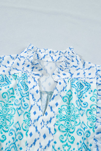 Boho Geometric Patchwork Ruffle Puff Sleeve Dress