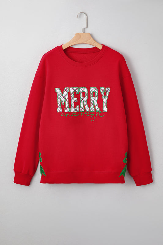 Christmas Merry and Bright Plaid Embroidered Crewneck Sweatshirt