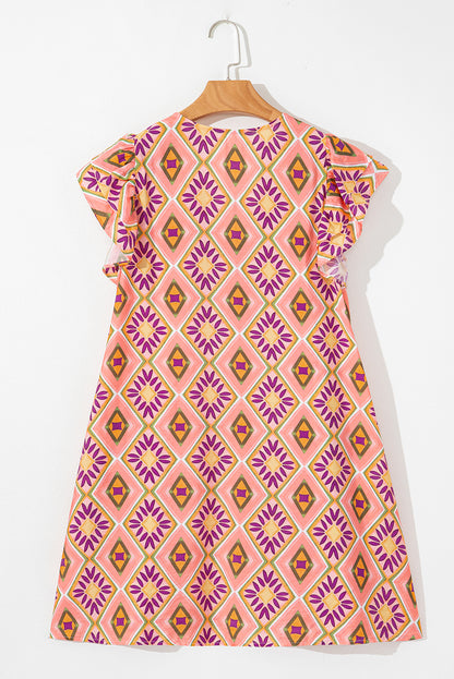 Geometric Floral V-Neck Button-Front Mini Dress