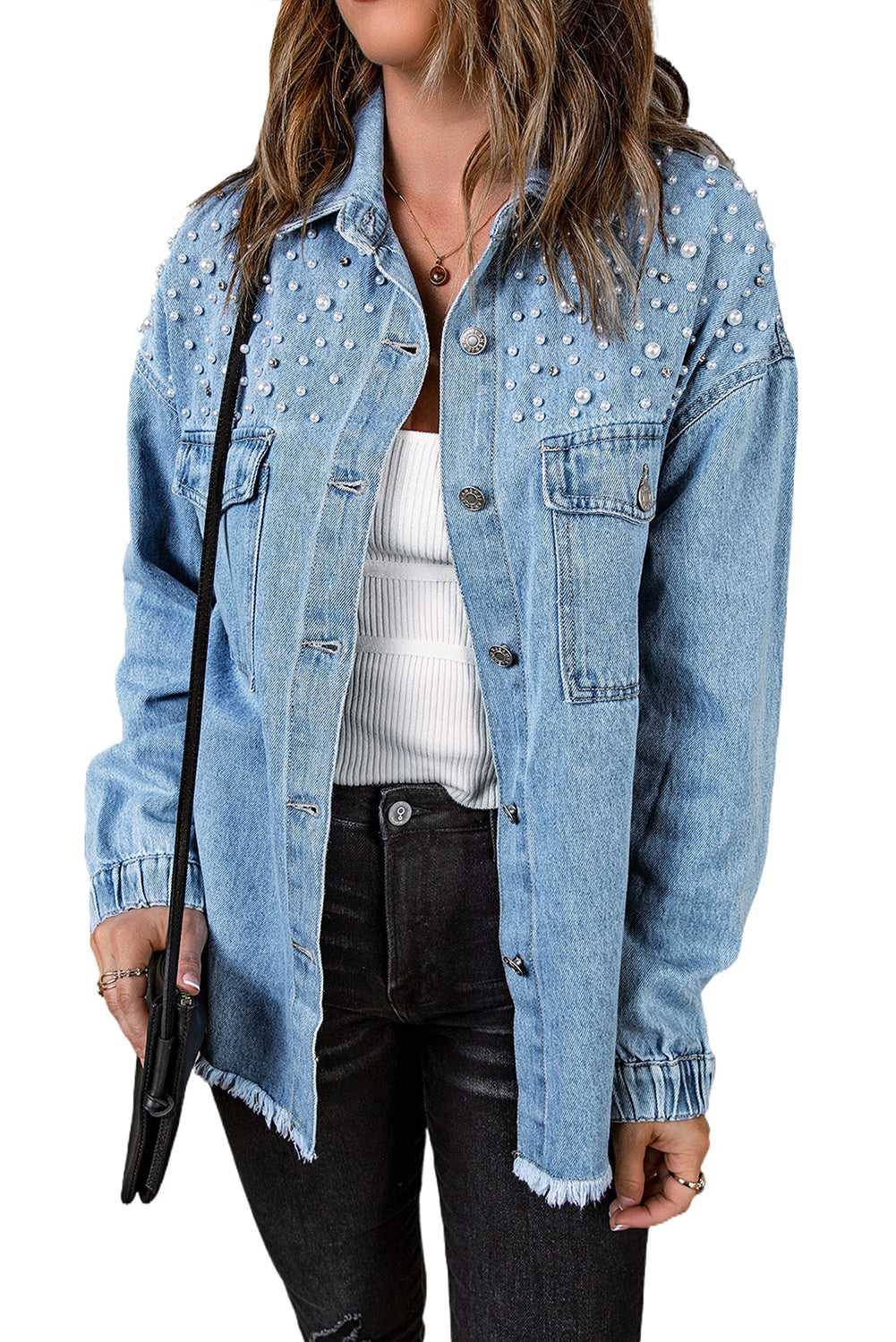 Denim Rhinestone Pearl Buttoned Shacket