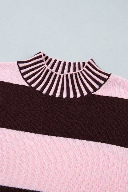 Stripe Contrast Mock Neck Drop Shoulder Sweater