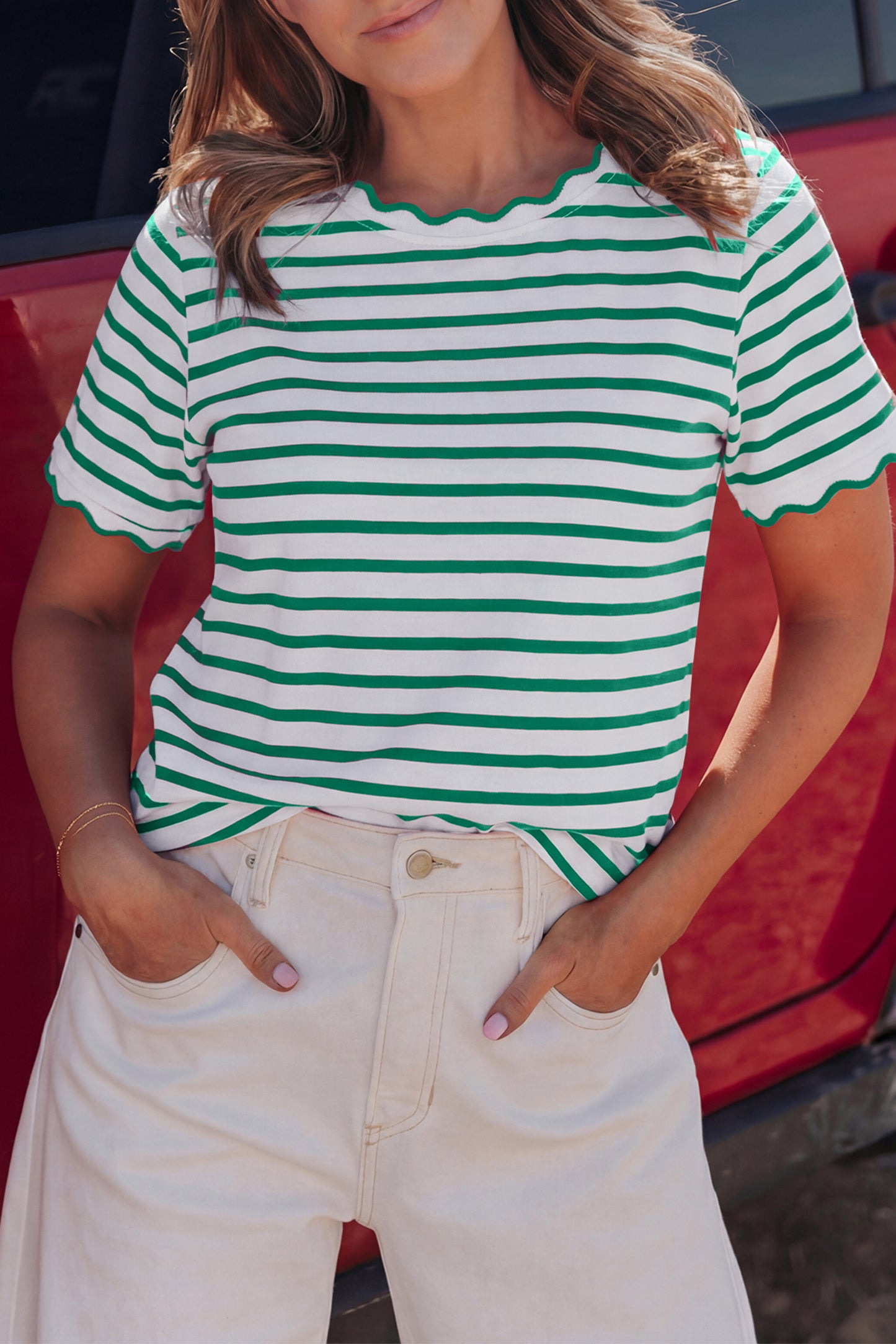 Stripe Scallop Trim Round Neck T-Shirt
