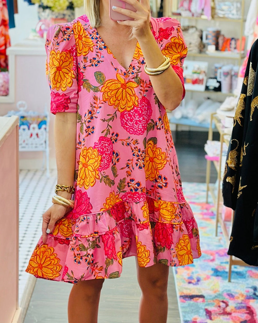 Floral Bubble Sleeve Mini Dress