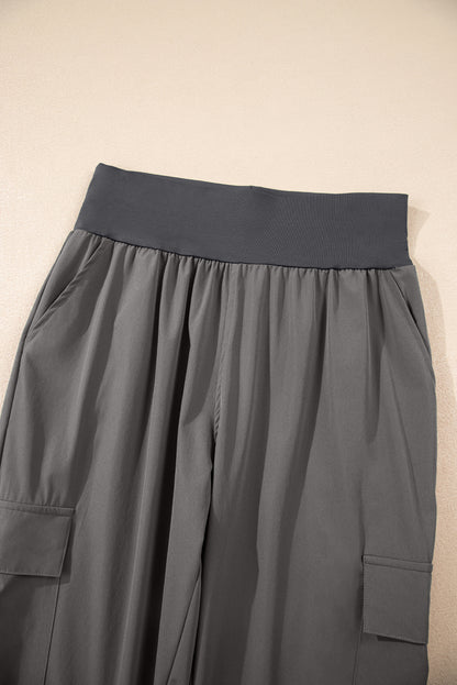 Solid Elastic High Waist Pocketed Cargo Jogger Pants