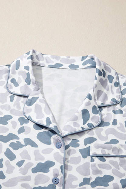 Camo Lapel Shirt & Drawstring Shorts Pajama Set