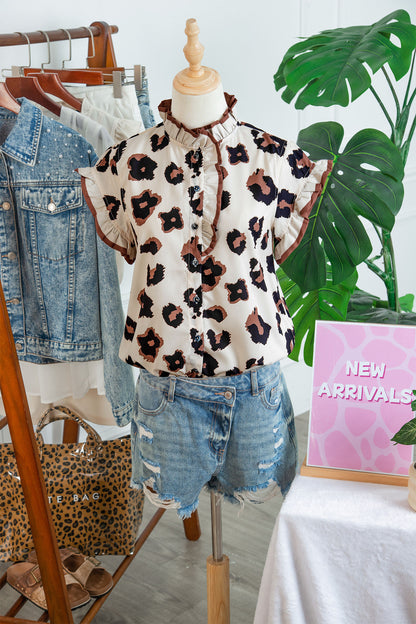 Leopard Ruffle Sleeve Button Up Blouse