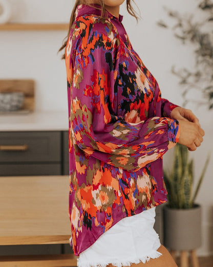 Abstract Floral Puff Sleeve Blouse