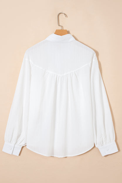 Solid Crinkled Lantern Sleeve Buttoned Shirt