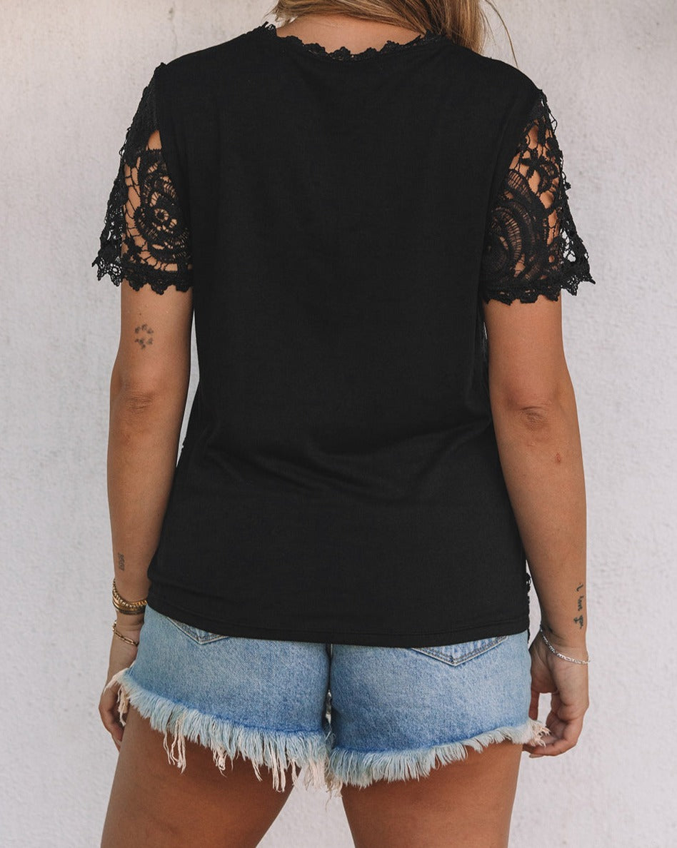 Lace Overlay Short Sleeve Top