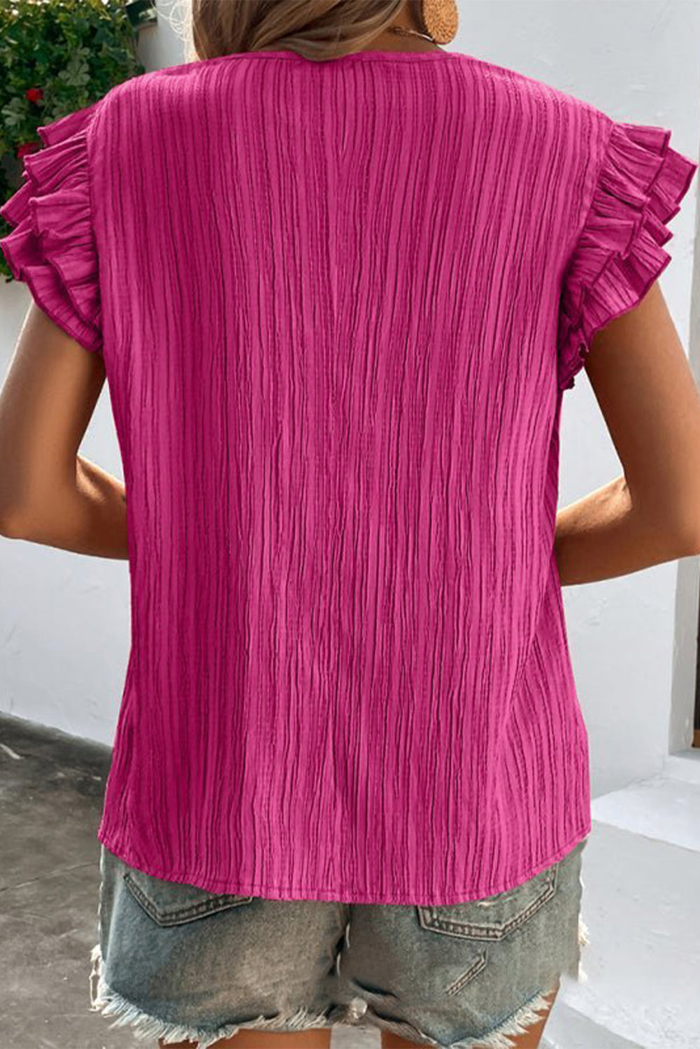 Textured Ruffle Sleeve V-Neck Top