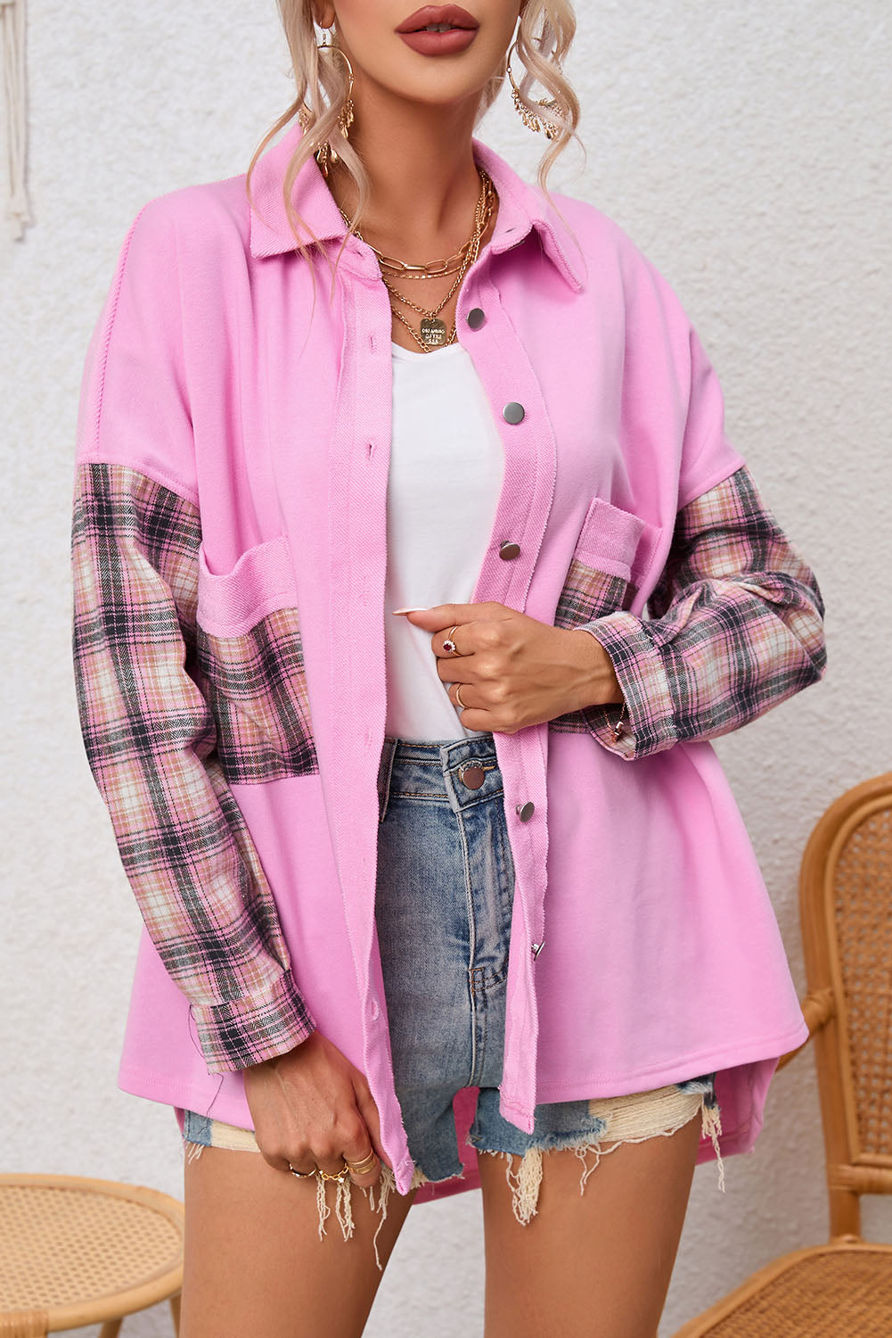 Plaid Patchwork Oversized Shirt Jacket