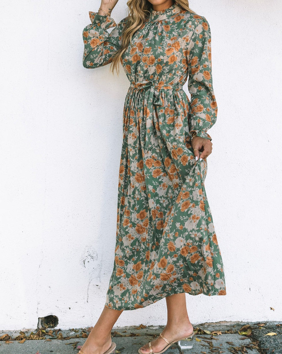 Floral Pleated Long Sleeve Maxi Dress