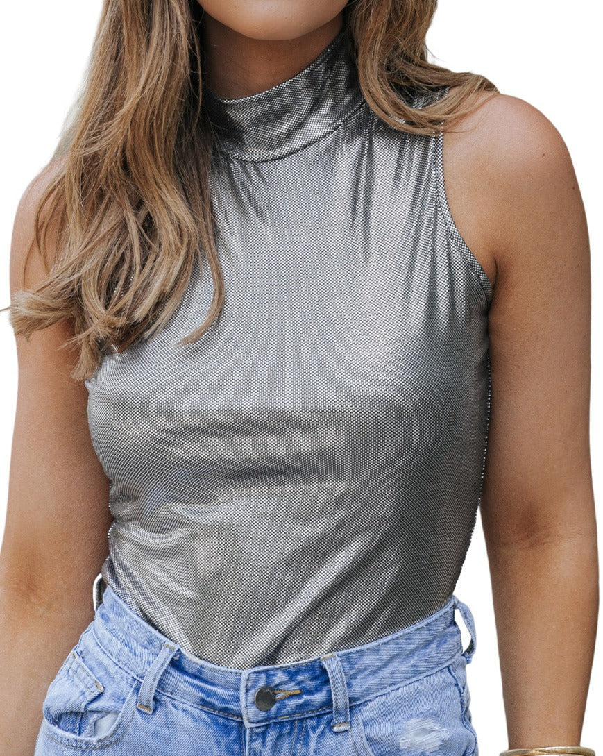 Glitter Mock Neck Sleeveless Bodysuit