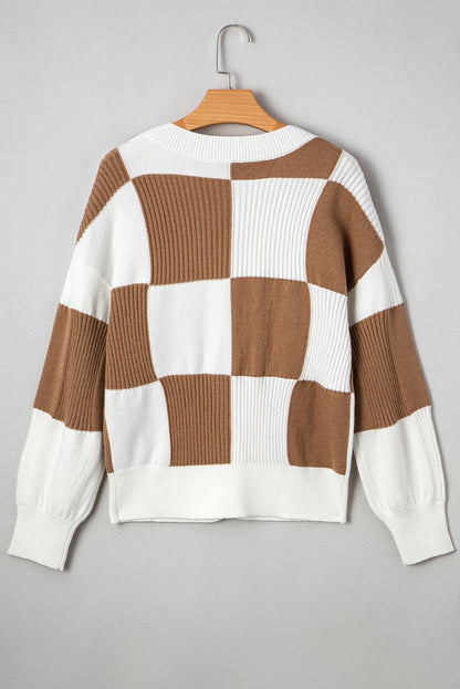 Checker Buttoned V-Neck Sweater Cardigan