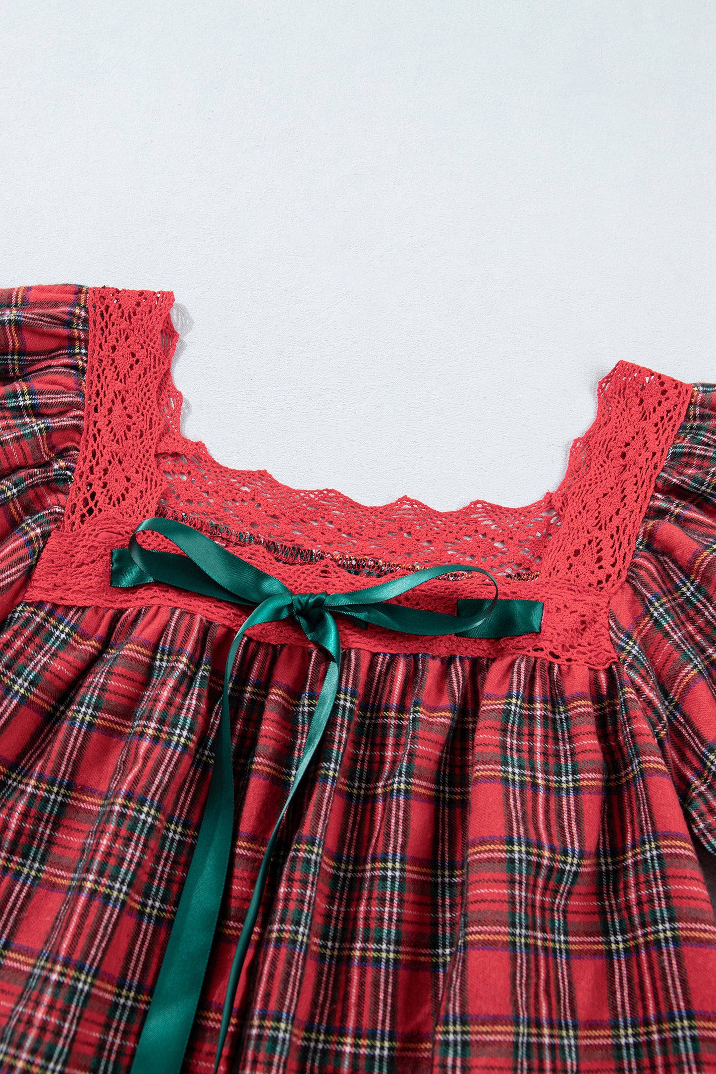 Plaid Lace Trim Square Neck Mini Babydoll Dress