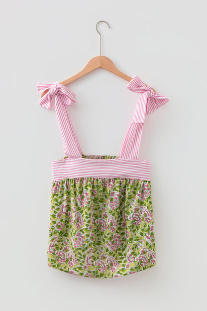 Floral Stripe Tie Strap Babydoll Tank Top