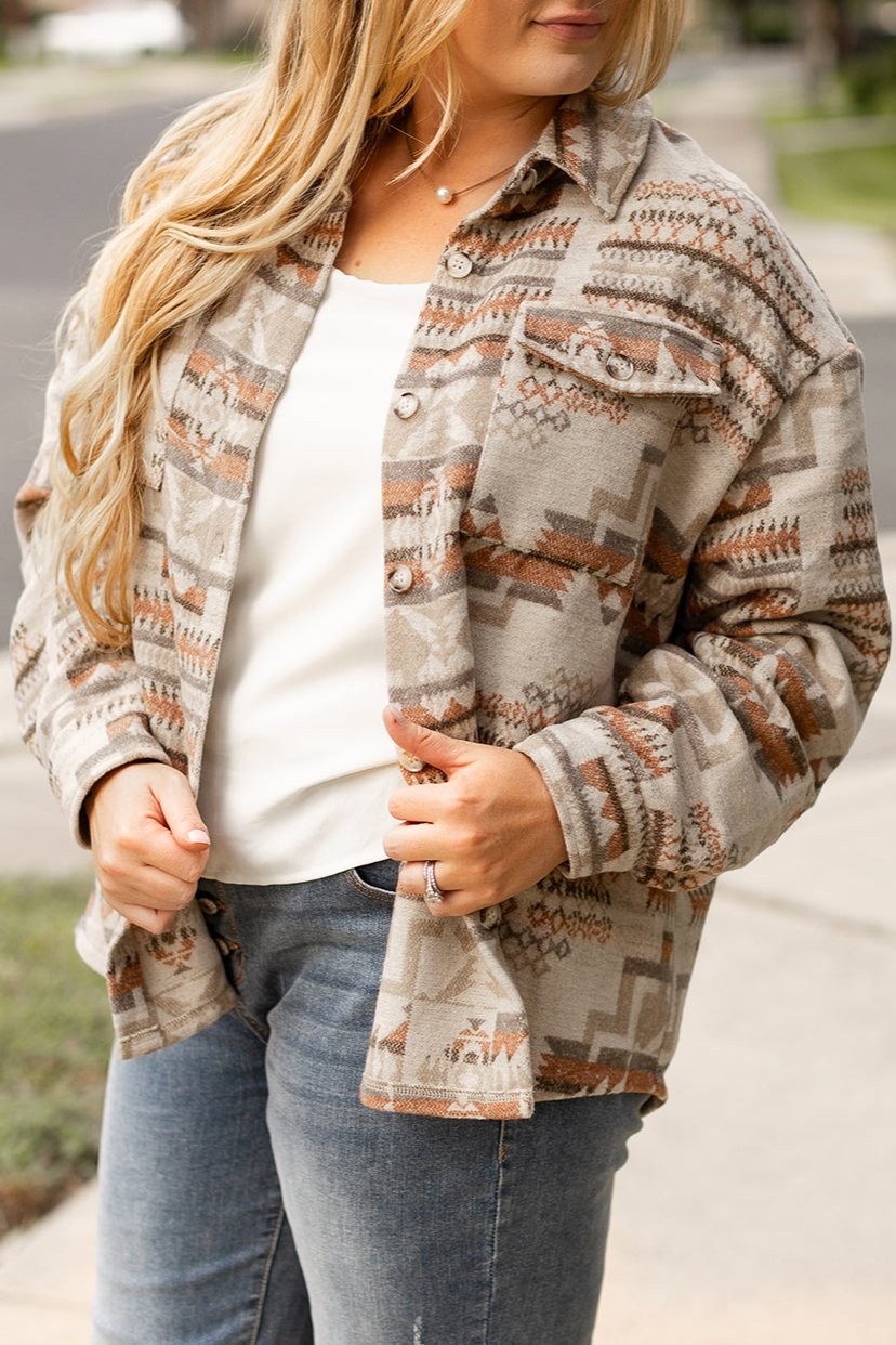 Plus Size Aztec Geometric Pockets Jacket