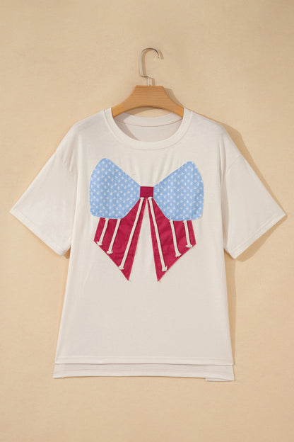 USA Flag Bow Patch Loose Knit T-Shirt