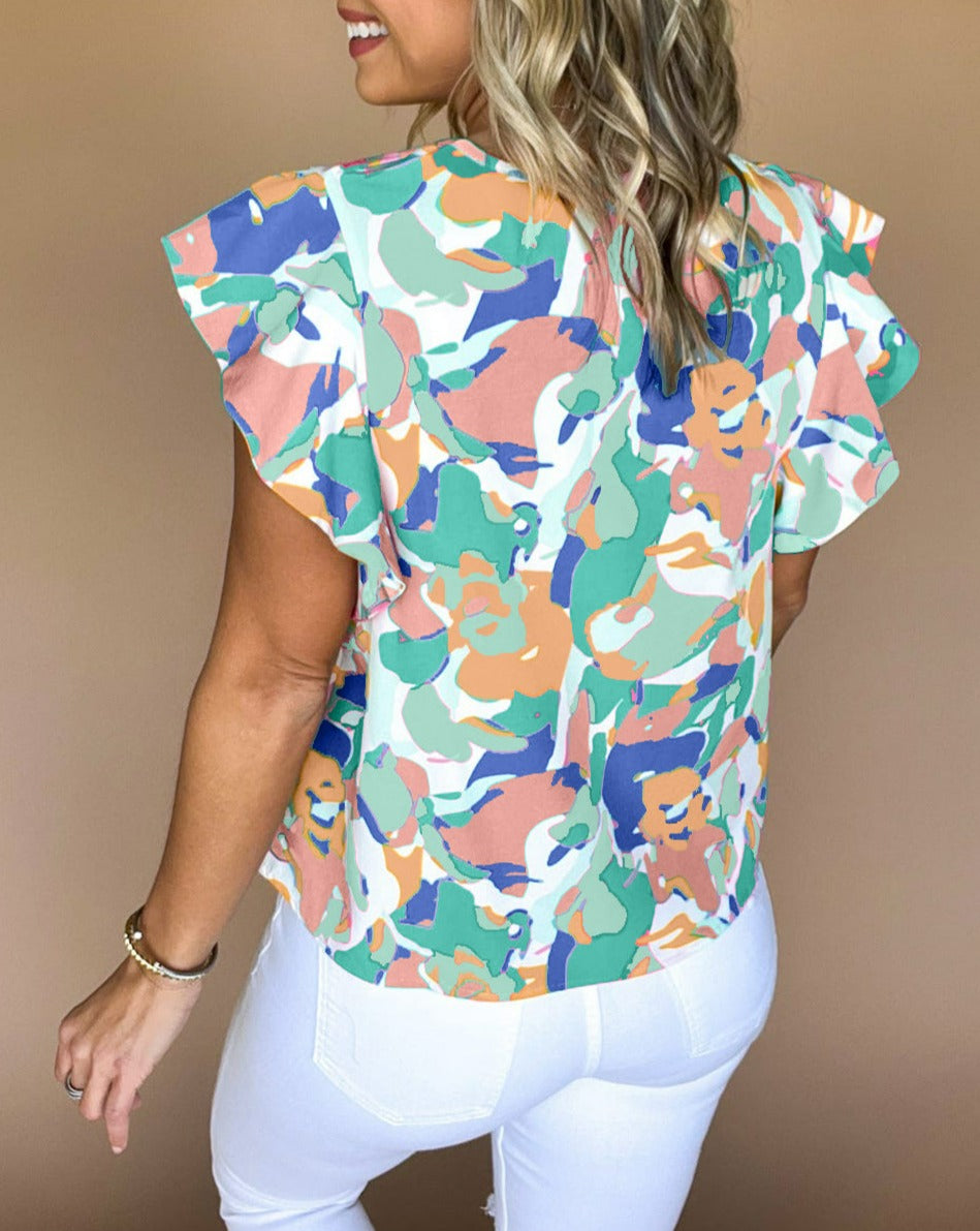 Abstract Ruffle Short Sleeve Blouse