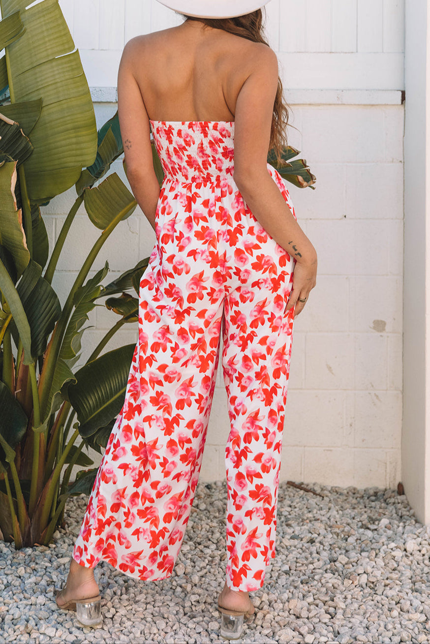 Pink Floral Print Twisted Bandeau Keyhole Pleated Wide Leg Jumpsuit