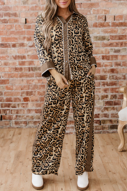 Leopard Collared 3/4 Sleeve Shirt and Pants Set