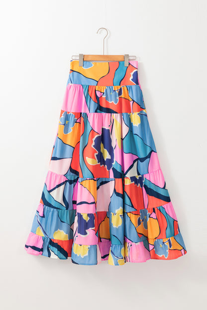 Abstract Tiered Pocketed Maxi Skirt