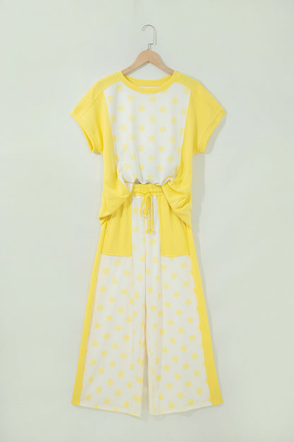 Polka Dot Colorblock Patchwork Top and Wide Leg Pants Set